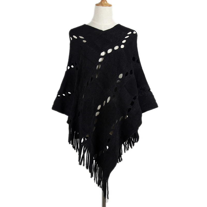 Women Autumn Knitting Poncho Cotton Shrug Pullover Sweater Female 2018 Plaid Hole Tassel Jumper Oversize Sweaters Causal Outwear |