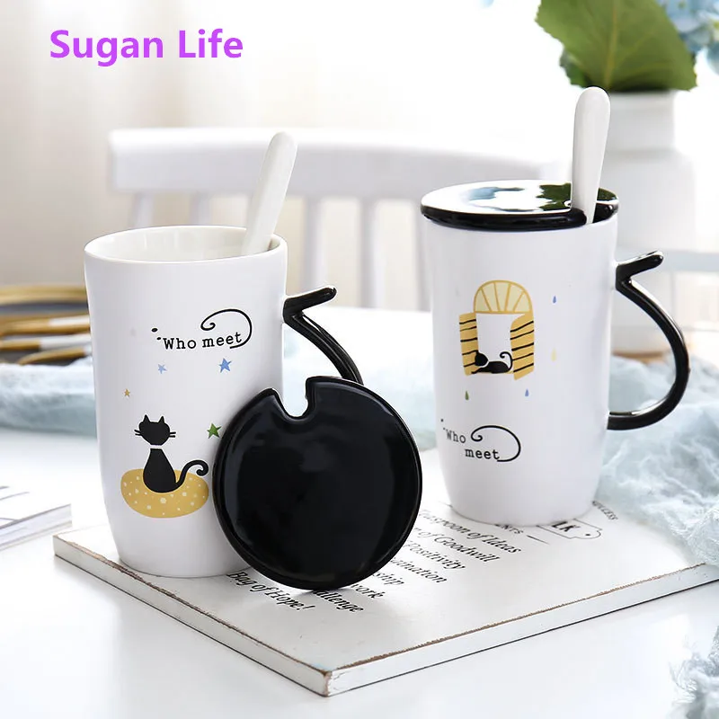 400ml Cute Cat Ceramics Coffee Mug With Lid Large Capacity Animal Mugs creative Drinkware Tea Cups Novelty Gifts milk cup | Дом и сад