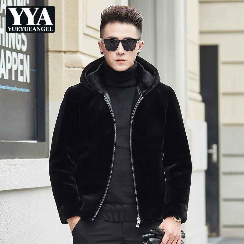 Мужская байкерская куртка из овчины с капюшоном двустороннее меховое пальто