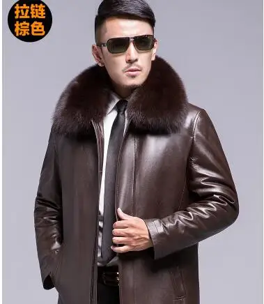 Brown zipper Новинка, Мужская зимняя теплая куртка из натуральной кожи, мужская шуба из натурального меха норки, мужская куртка с воротником из меха кролика, пальто размера плюс - Цвет: Brown zipper