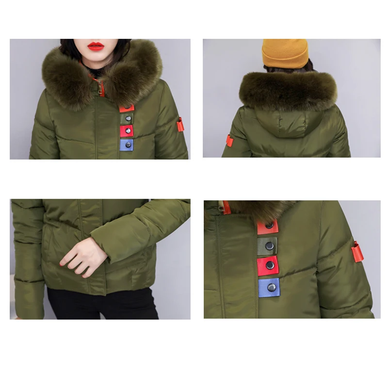 

Nice High Quality Women Winter Hooded Jacket Female Fur Collar Short Outerwear Parka Ladies Warm Coat Chaqueta Feminino