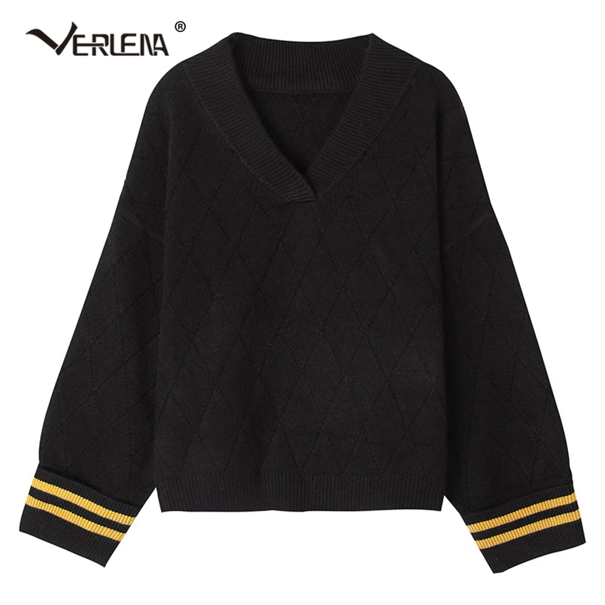 England School Student Style Jumper Black White Sweater Women 2019 Autumn Long Wide Sleeve Turn Back Cuff Stripe Argyle Pullover | Женская