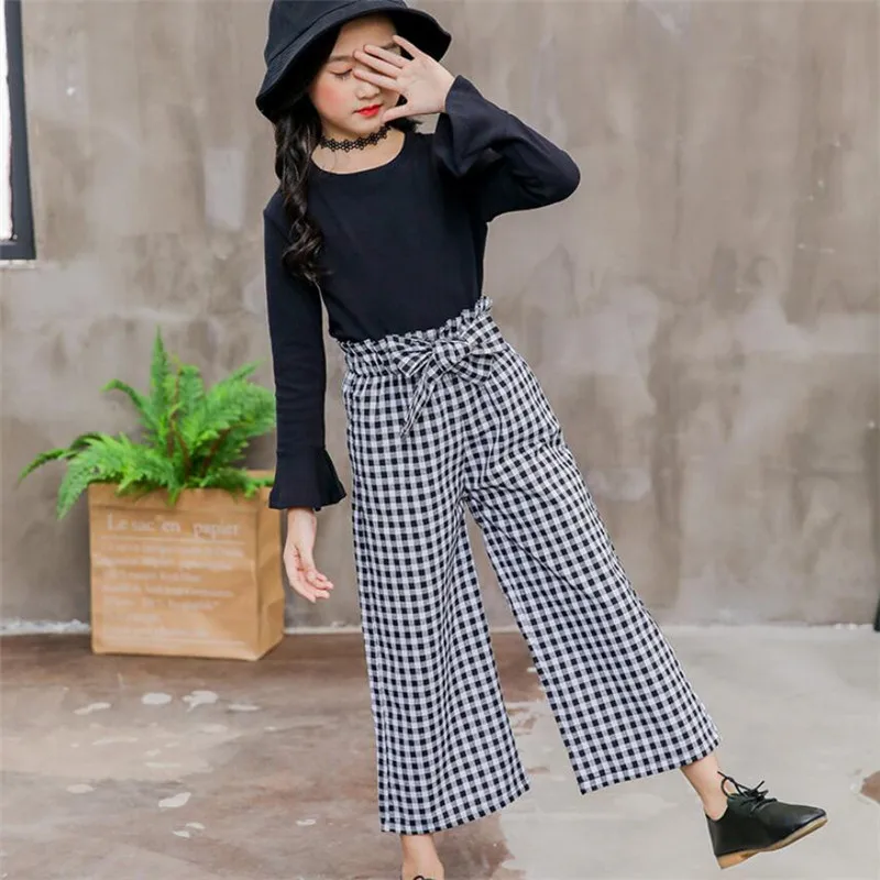  Сезон осень Школьные платья для девочек Комплекты одежды футболка с принтом и