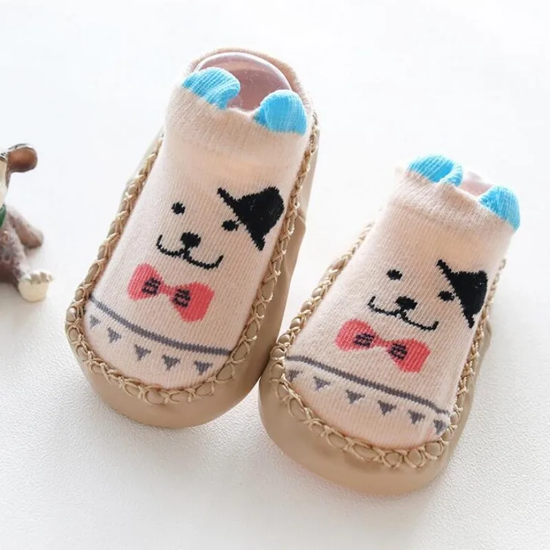 Beige Носки-тапочки для новорожденных, детские носки с рисунками животных, детские домашние тапочки, нескользящие носки с подошвой для детей 0-36 месяцев - Цвет: Beige