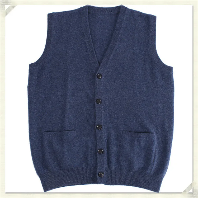 

100%goat cashmerev-v-neck knit men fashion solid sleeveless cardigan vest sweater H-straight blue 2color S/2XL