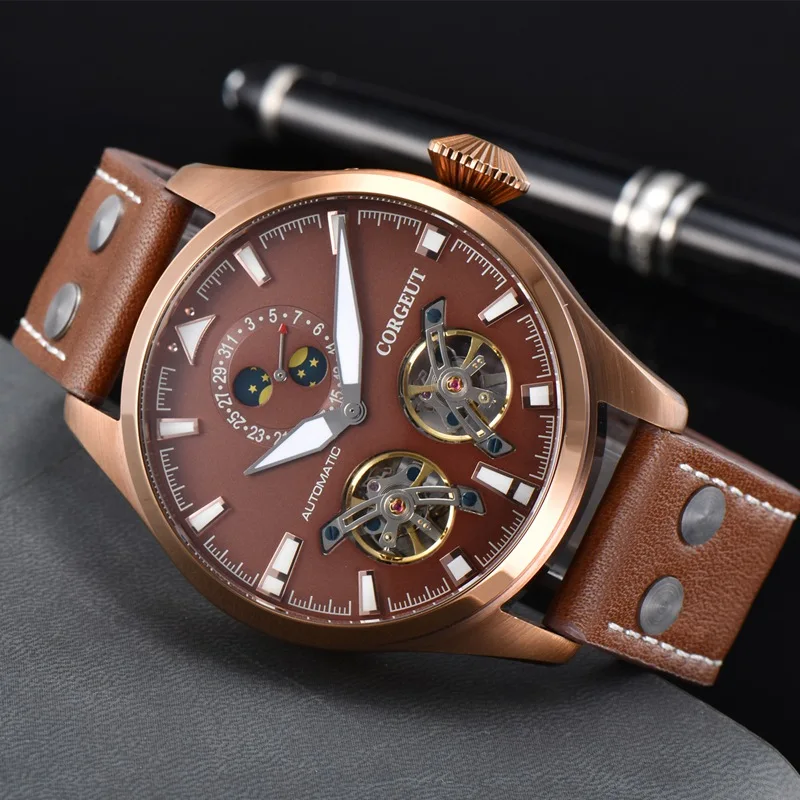 Corgeut 46mm Mens Automatic Watch Coffee PVD Case Luminous Dial WristWatch Date Function Flywheel Mechanical Watches CA3023CC | Наручные