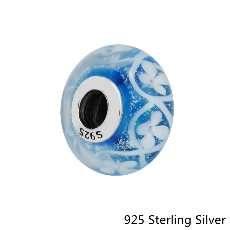 

CKK Blue Field of Flowers Murano Glass Beads 925 Sterling Silver Charms Original Jewelry Making Fits For Bracelets
