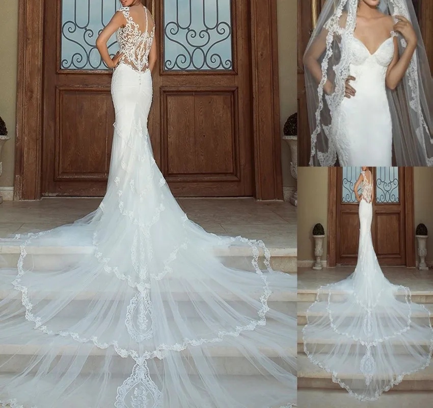

New Arrival Tiered Mermaid Wedding Vestidos Appliqued Lace Chapel Train Tulle Wedding Dress V-Neck Zipper Back Button Bride Gown
