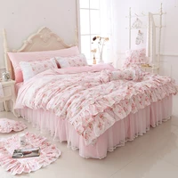 100 cotton floral printed princess bedding set twin king queen size pink girls lace ruffle duvet cover bedspread bed skirt set
