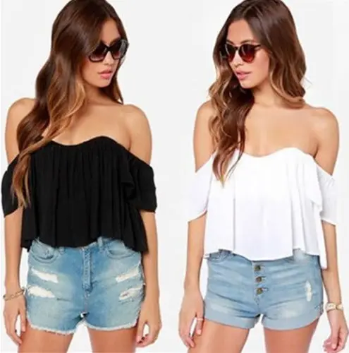 Women Sexy White Black Lace Off-shoulder Loose Top Ruffled Blouse Casual |