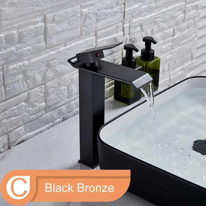 Black Bronze C Квадратный хромированный кран для раковины и раковины, смеситель для ванной комнаты с одной ручкой и широким носиком, кран для раковины Fauet, кран для горячей и холодной воды - Цвет: Black Bronze C