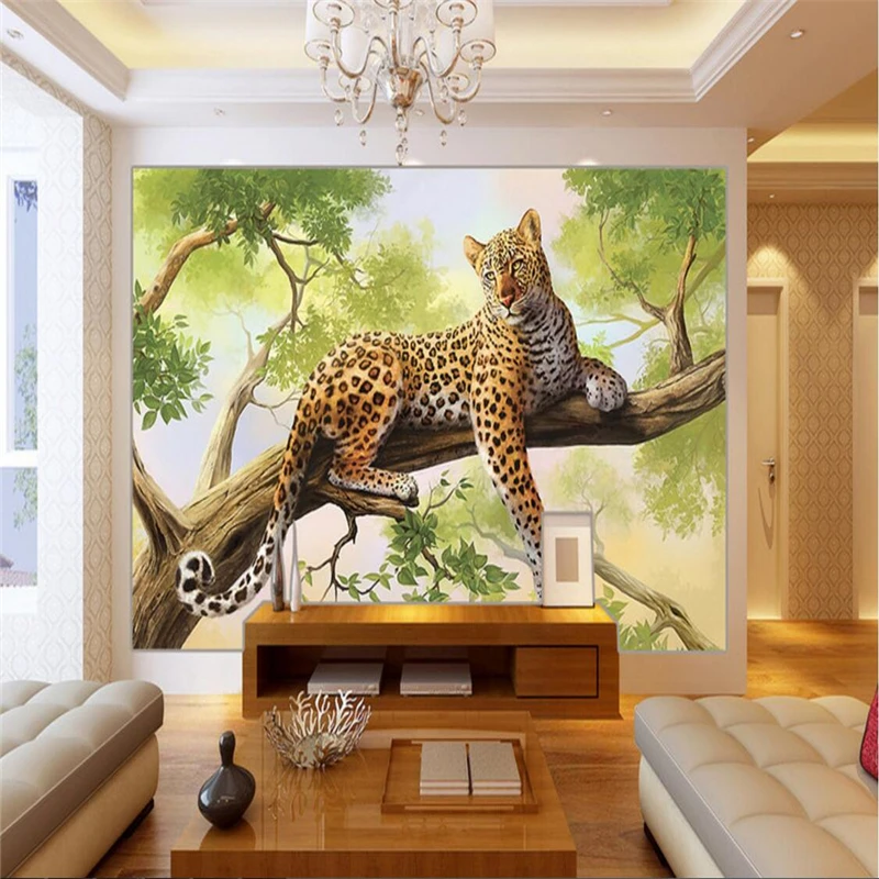 Beibehang-papel tapiz con foto personalizada 3D, pintura al óleo de leopardo, árbol Fresco, TV, sala de estar, dormitorio, Fondo de pared