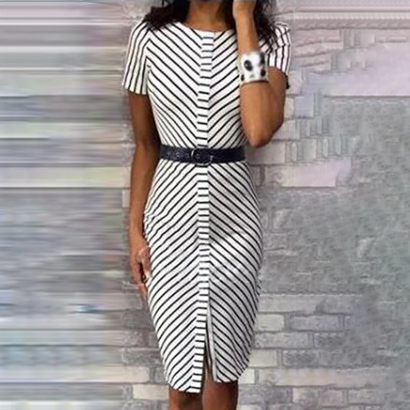 Women Dress Ladies Bodycon Fashion Business Pencil Formal Short Sleeves Stylish Round Neck Stripes Knee Length | Женская одежда