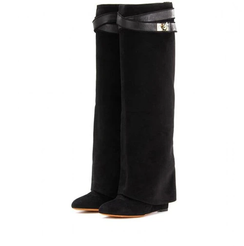 black suede2 Buono Scarpe/женские ботинки черного цвета с замочком акулы; ботинки из натуральной кожи с высоким голенищем; брендовые дизайнерские ботинки на танкетке и высоком каблуке; Botas Mujer; шикарные ботинки; коллекция года - Цвет: black suede2