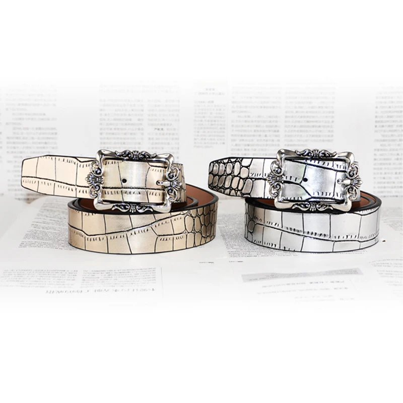 Женский ремень из натуральной воловьей кожи винтажный с пряжкой цвет золотистый