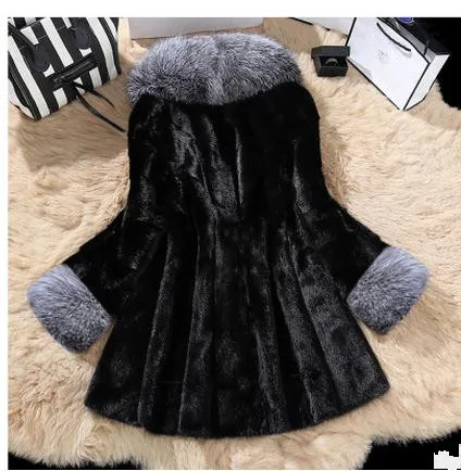 Черно-белая женская длинная куртка из искусственного меха норки пальто лисьего
