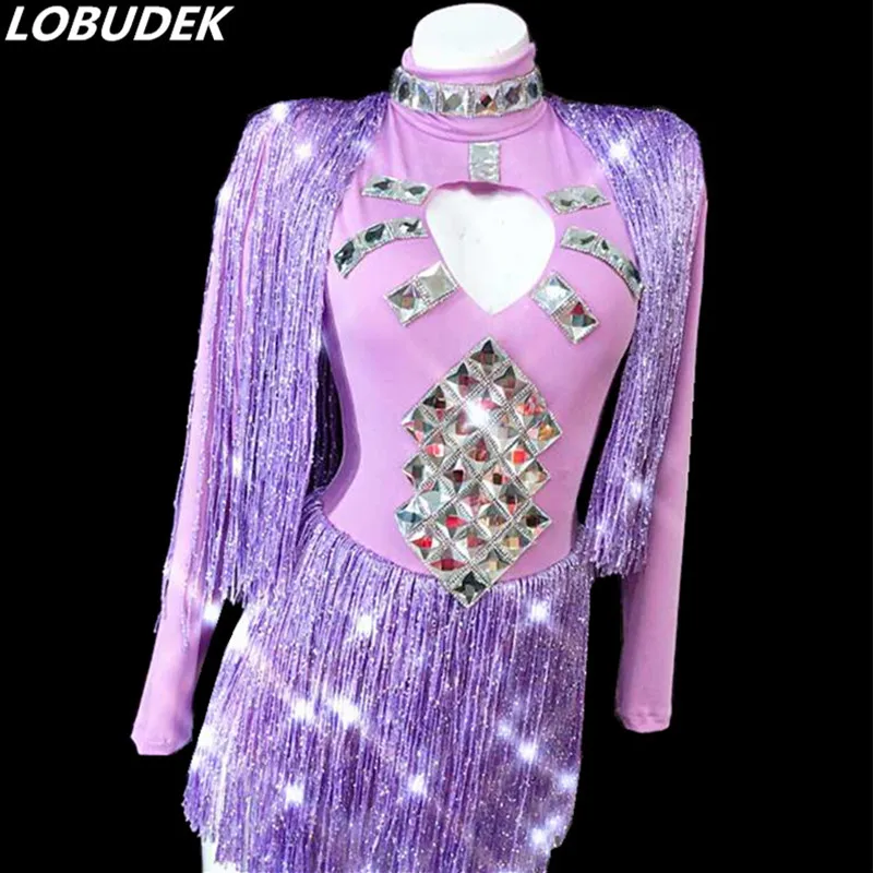 Flashing Rhinestones Purple Tassels Bodysuit Sexy Stretch Leotard Jumpsuit Nightclub Costume Women Singer Show Stage Dance Wear