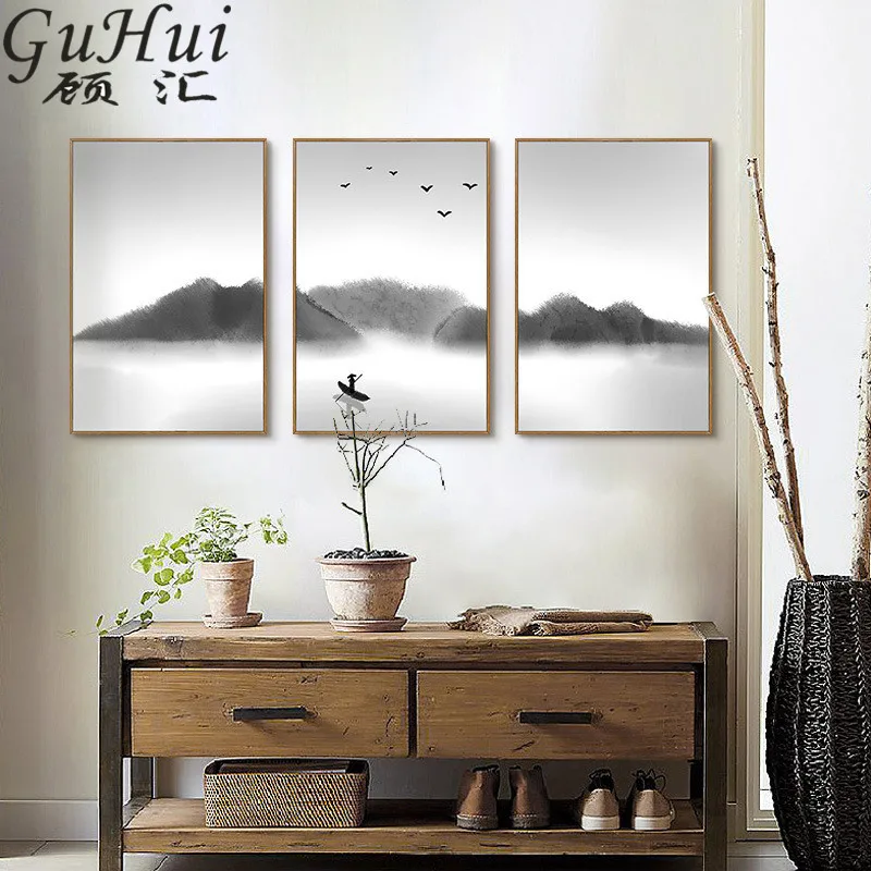 Тихая картина с изображением озера и гор современный китайский пейзаж