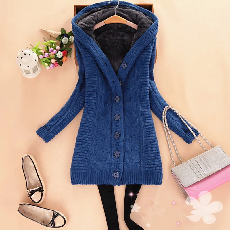 Женский теплый флисовый кардиган однотонный свободный трикотажный с капюшоном и