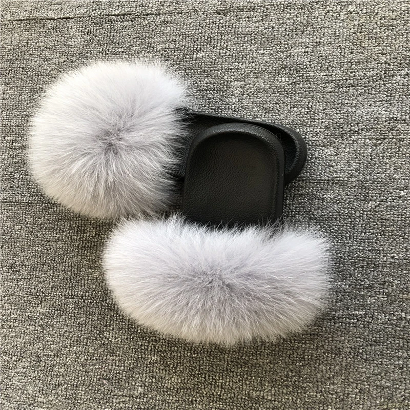 fox hair Женские шлепанцы с натуральным лисьим мехом; меховые летние пляжные шлепанцы; пляжные сандалии; шлепанцы без задника на плоской подошве; женская уличная обувь с пушистой лисой - Цвет: fox hair