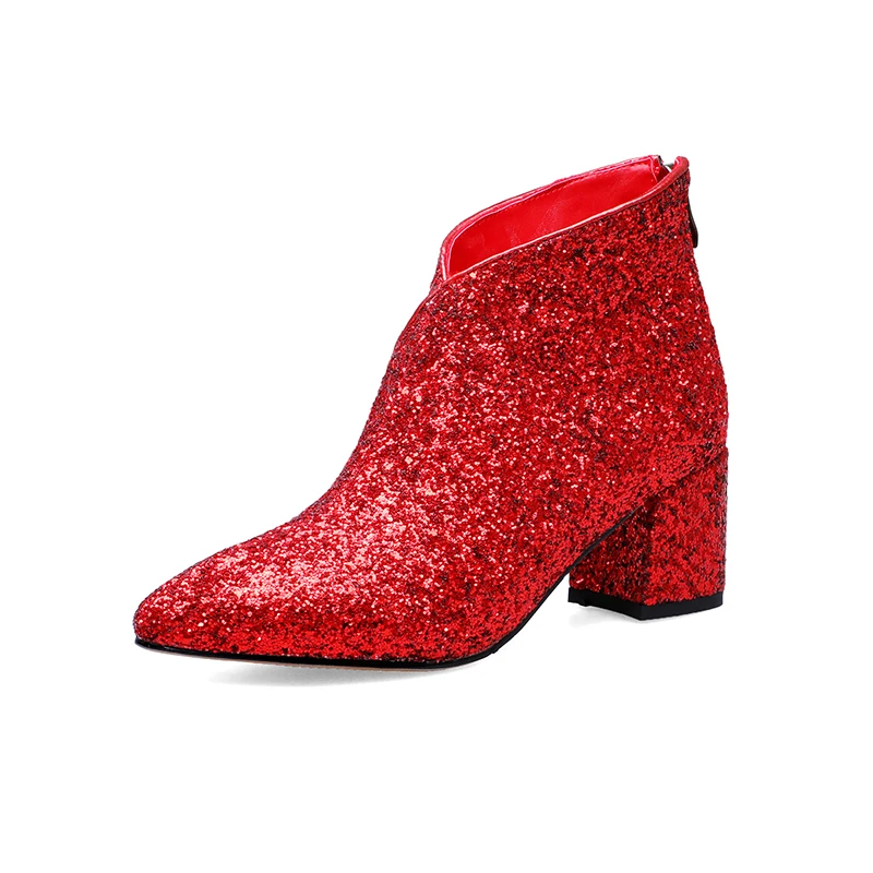 WETKISS New Sequin Cloth Women Ankle Boots Party Wedding Female Boots Pointed Toe Glitter Zip Bootie Sexy Thick High Heel Shoes - Цвет: Красный