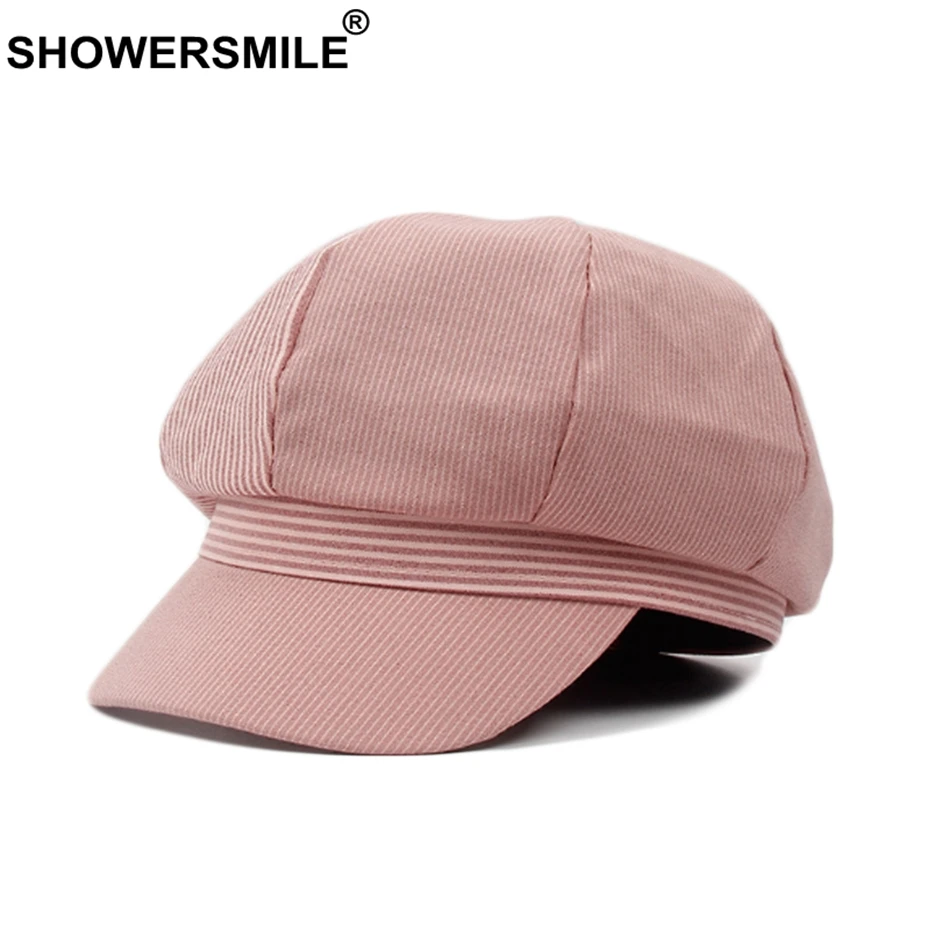 SHOWERSMILE восьмиугольная Женская Полосатая хлопковая кепка Newsboy, женская розовая модная кепка Duckbill, берет, женская летняя шапка для художника