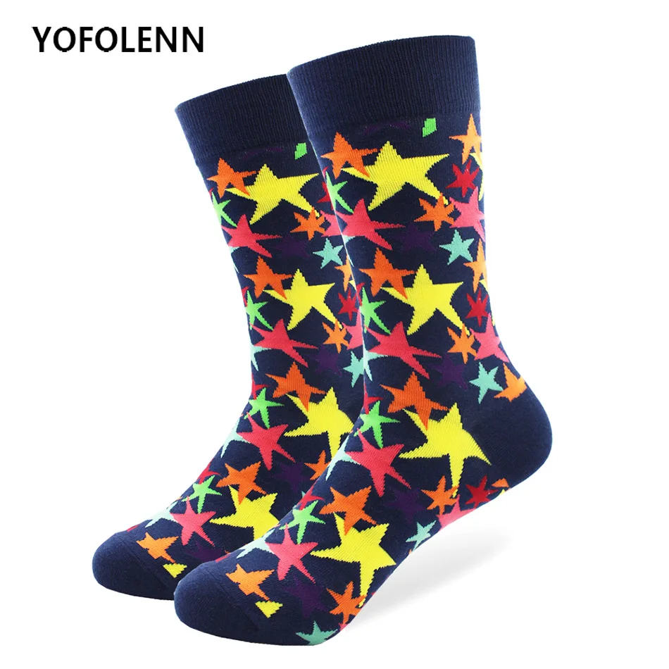 

1 Pair Luxury Combed Cotton Men's Socks High Quality Bright Star Pattern Colorful Happy Bang Bang Sock Long Crew Casual Sox