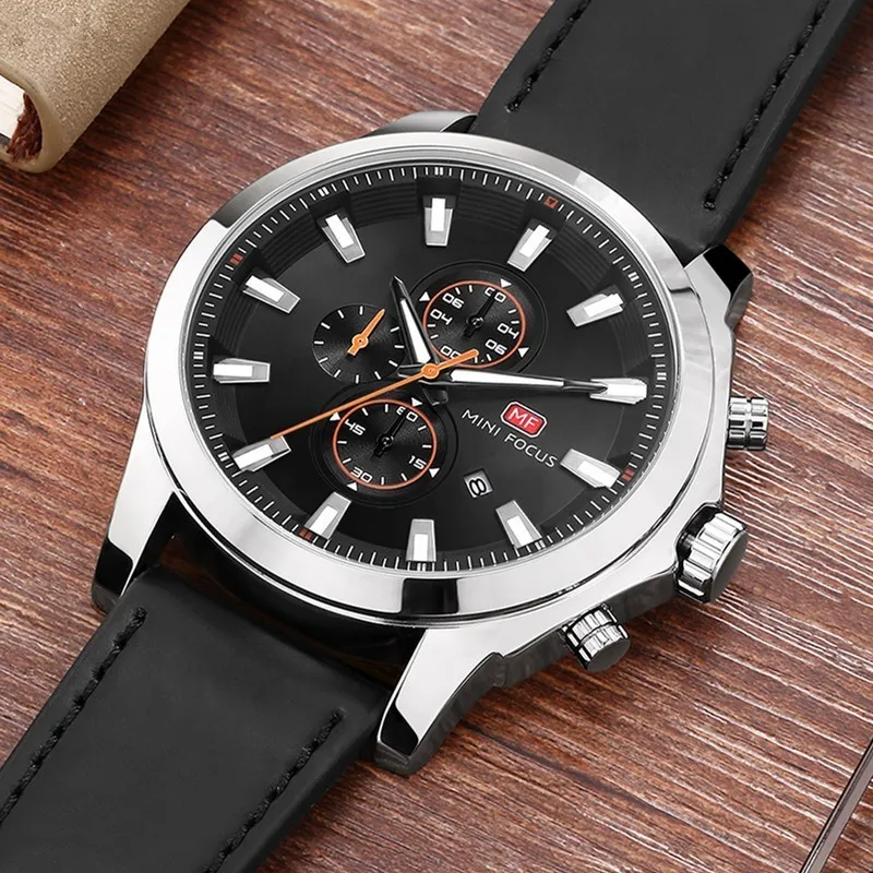 

Часы наручные мужские с хронографом, модные спортивные водонепроницаемые кварцевые Брендовые с кожаным ремешком, с мини-фокусом