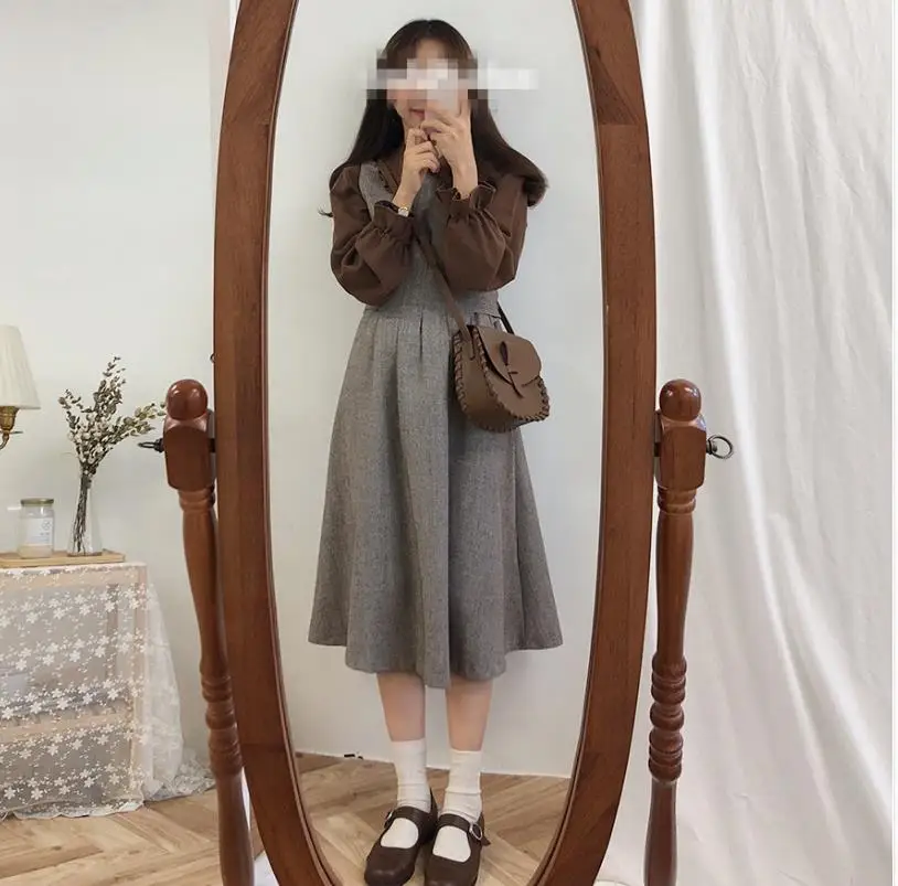 Autumn winter vintage preppy style sleeveless vest dress girls slim big swing a-line | Женская одежда