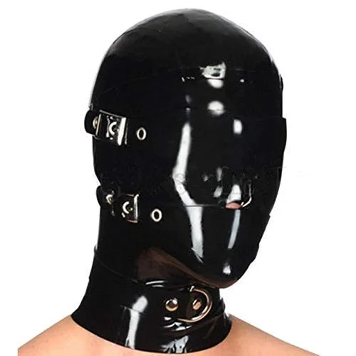 

HOT! Latex Hood rubber Mask including eyes cover and mouth Gags with back zipper available with solid plug Neck ring