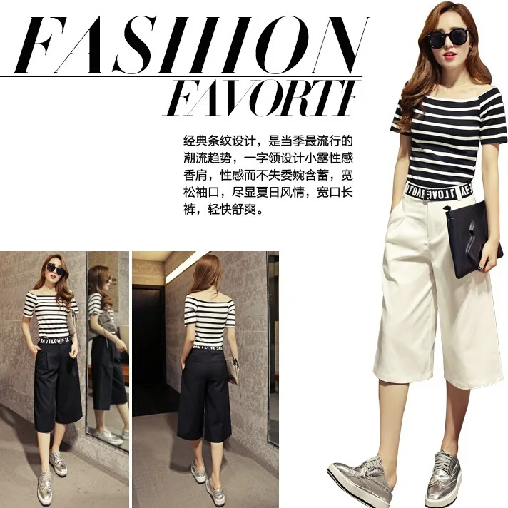 Good quality cotton fashion sports suit stripe female summer strapless t-shirt crop top and pants women 2 piece shorts set 813 | Мужская