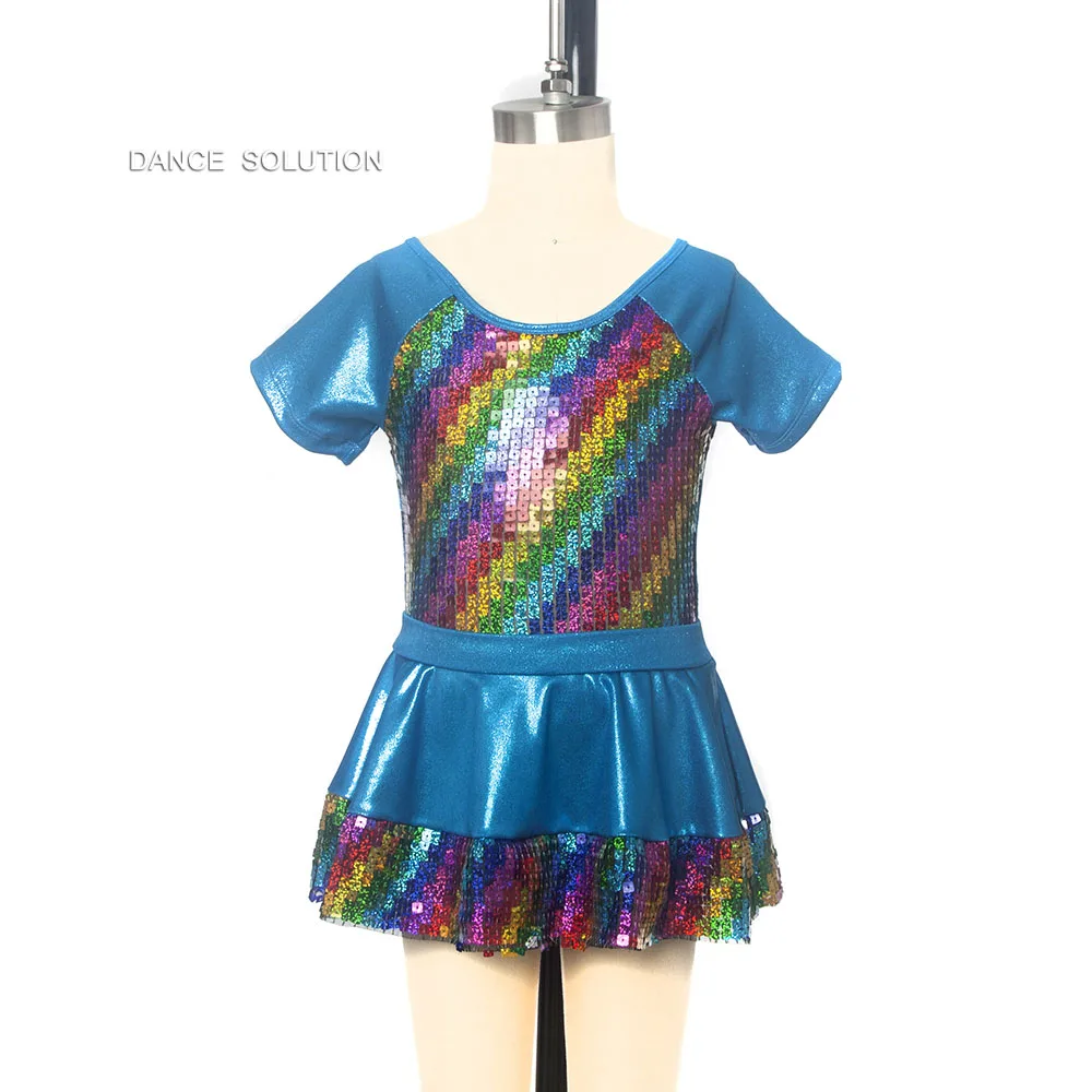 Синее трико лиф с разноцветными блестками Радужное танцевальное платье джазовая