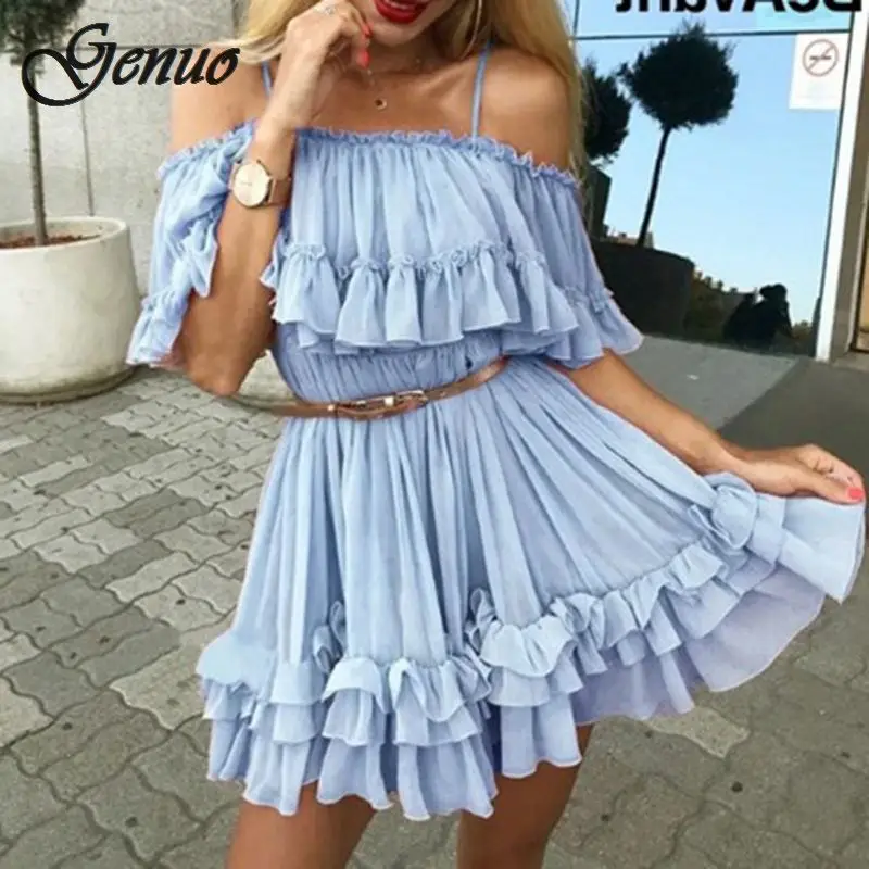 Genuo с открытыми плечами шифоновые летние платья для женщин Плиссированное