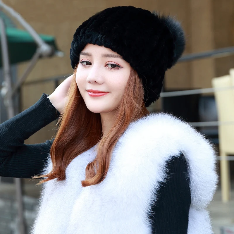 Для женщин Настоящий мех кролика шапки бини с помпон из меха черно бурой лисы
