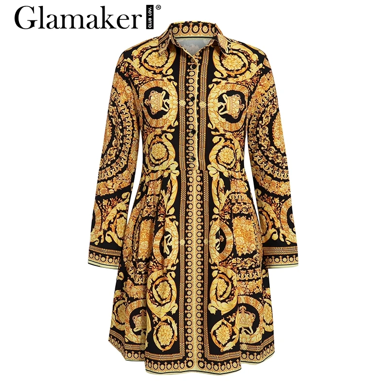 Glamaker, сексуальное винтажное Золотое Платье с принтом пейсли, женское Короткое платье-блузка с v-образным вырезом, Осеннее элегантное Клубное платье, вечерние платья большого размера