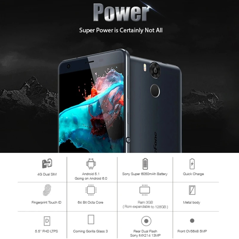Ulefone Мощность 4 г 6050 мАч OTG отпечатков пальцев 5.5 &quotFHD Смартфон Android 6.0 Octa core MT6753