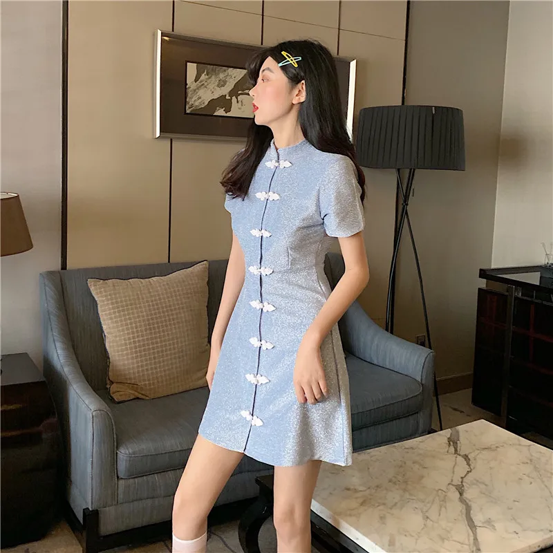 Cheongsam кнопка водолазка короткий рукав тонкий элегантный Высокая талия мини платье блеск Винтаж корейский Япония для женщин сексуальная милая Лолита