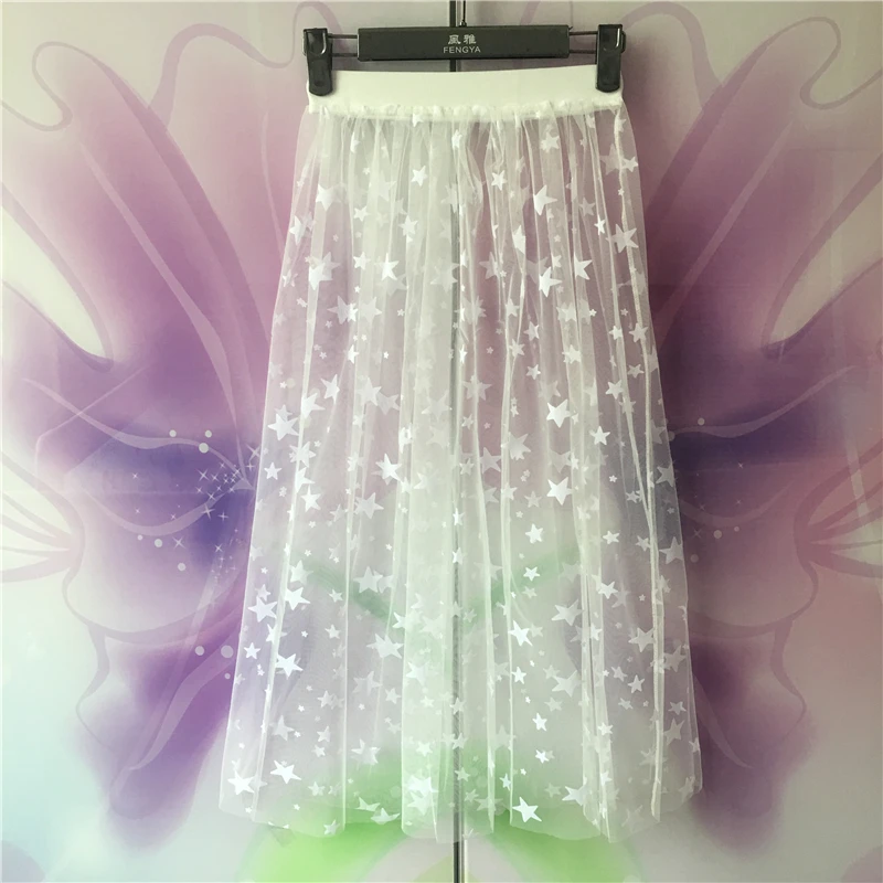 

Korean Style Sheer Mesh Skirt Women Petticoat Slip Sexy Transparent Star Print Tulle High Waist A Line Midi Skirts underskirt