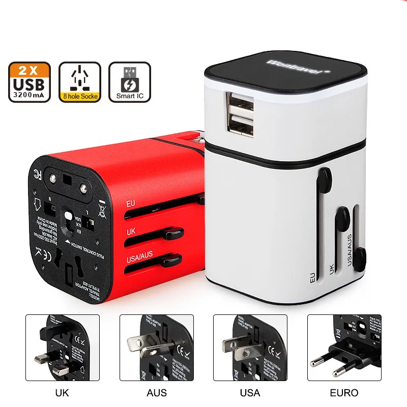 Универсальный переходник с международной вилкой 2 USB-порта зарядное устройство