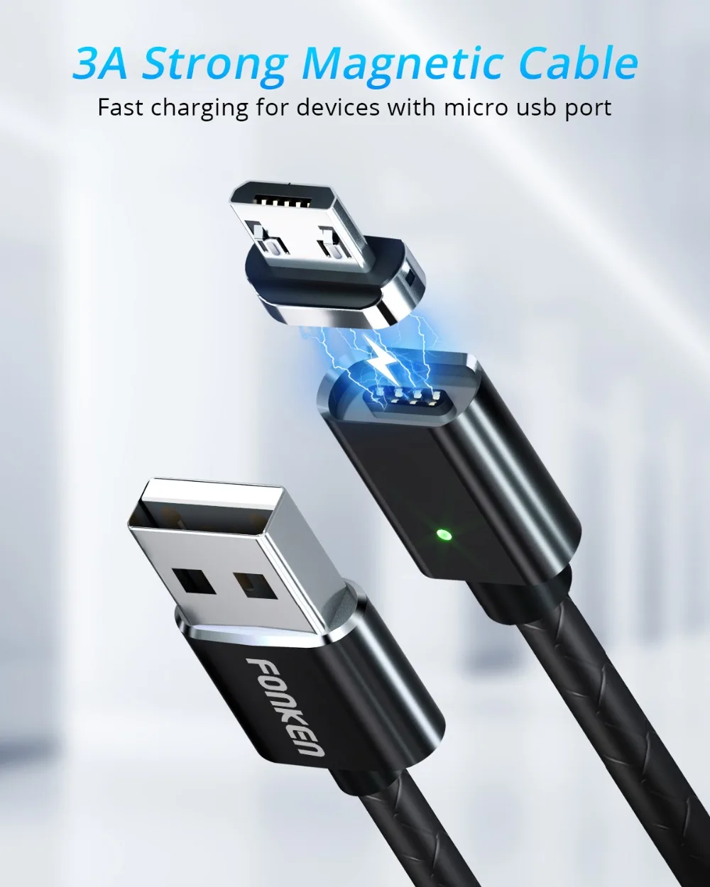 Кабель Micro USB FONKEN, магнитный кабель 3A, быстрая зарядка, 1 м, 2 м, Android, мобильный, быстрая зарядка, магнитный шнур, Пылезащитная заглушка, шнур для передачи данных для телефона