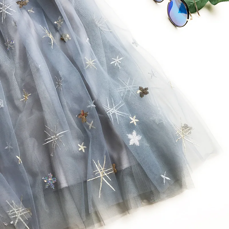 2019 Spring &amp Summer Fashion Korean Style Big Swing Maxi Skirts Womens High Waist Embroidered Star Tutu Adult Long Tulle Skirt | Женская