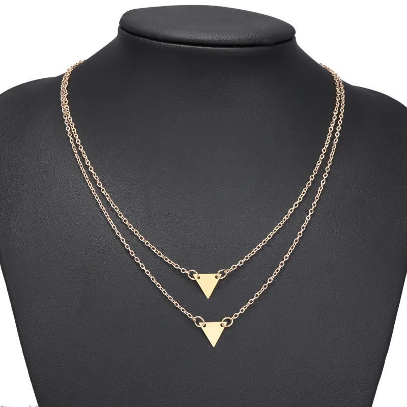 Tenande Simple Style Punk Double Layer Charm Chain Jewelry Gold Color Small Sequins Triangle Necklaces &amp Pendants for Women Gift |