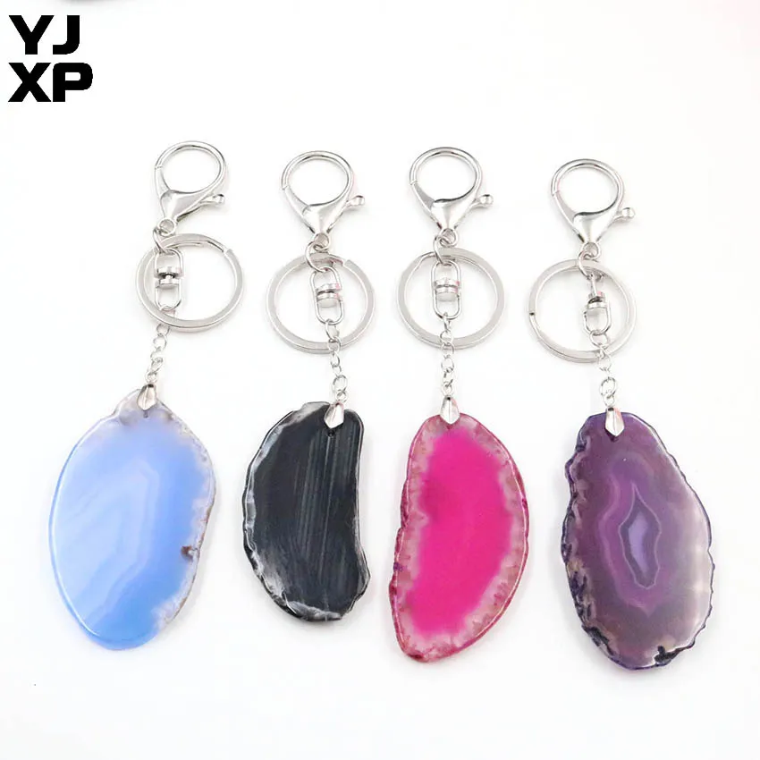 

YJXP Natural Irregular Colorful Agates Polished Geode Slices Keyrings Unique Pendant Keychains Car Bag Hanging Key Ring Jewelry