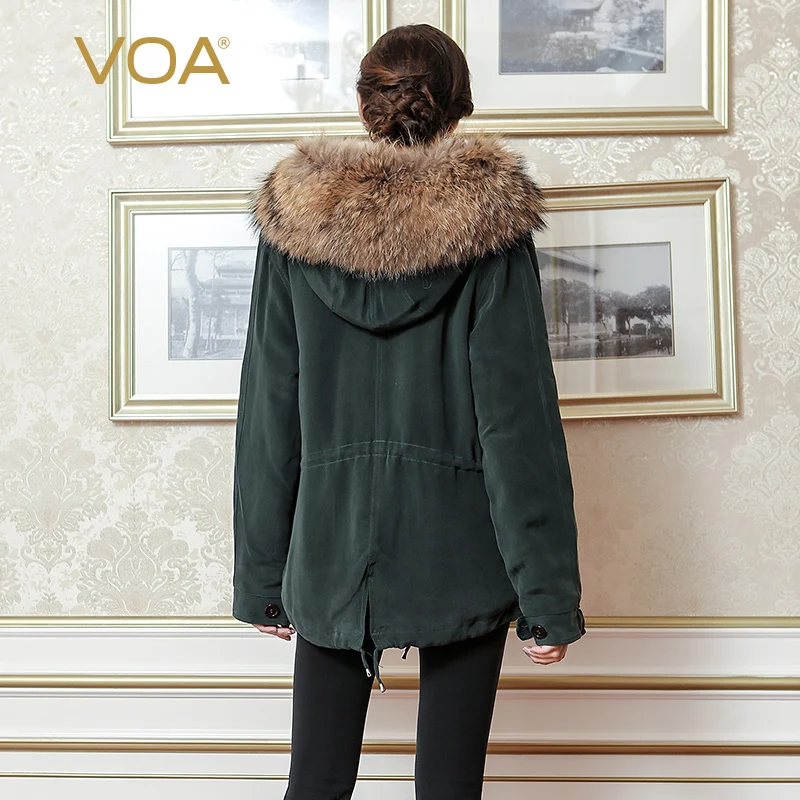 VOA парка с мехом енота большие размеры плотная шелковая куртка капюшоном
