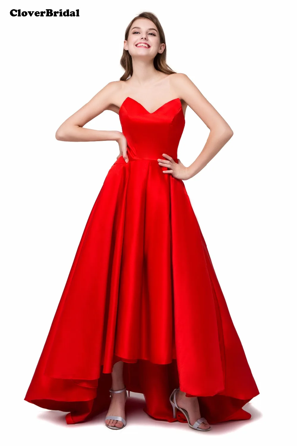 

Cute satin V neck A-line big volume skirt red ankle length cocktail dresses short front long back 2017 ready to ship