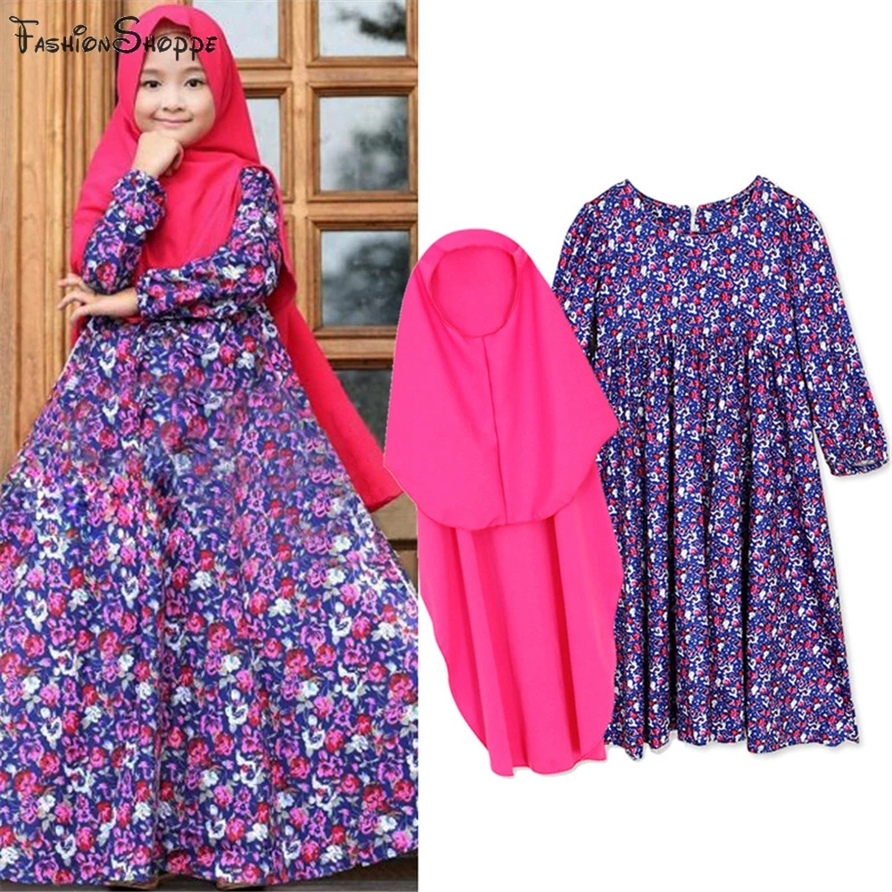 2 шт. длинные мусульманские платья для девочек с цветочным принтом | Тематическая