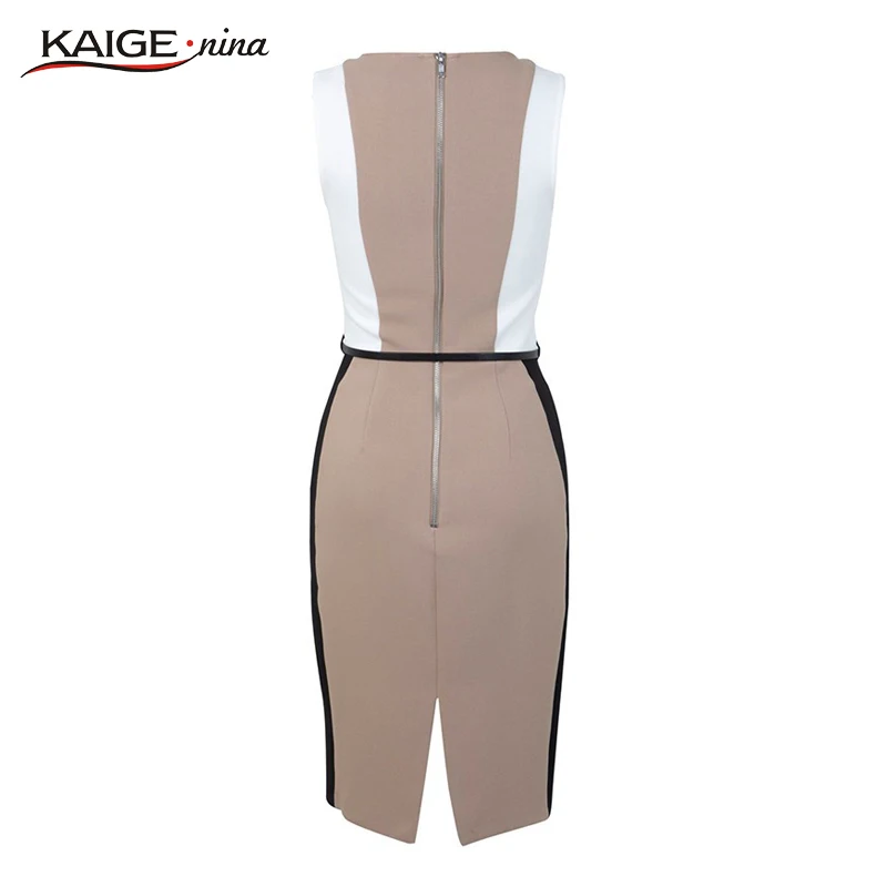 Kaige.Nina Women Summer Elegant Belted Hit color Patchwork Tunic Work Business Casual Party Bodycon Pencil Sheath Dress 2057 | Женская