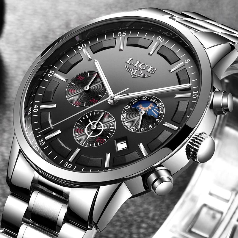 Relogio Masculino LIGE модные мужские часы с хронографом Moon phase Топ бренд Бизнес Кварцевые