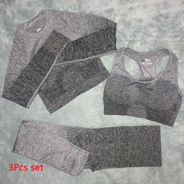 Gray 3Pcs set Комплект из 3 предметов для йоги, бесшовные леггинсы с эффектом омбре, спортивный бюстгальтер+ укороченный топ с длинным рукавом+ женские леггинсы для бега и спортзала, спортивный костюм с высокой талией для фитнеса - Цвет: Gray 3Pcs set