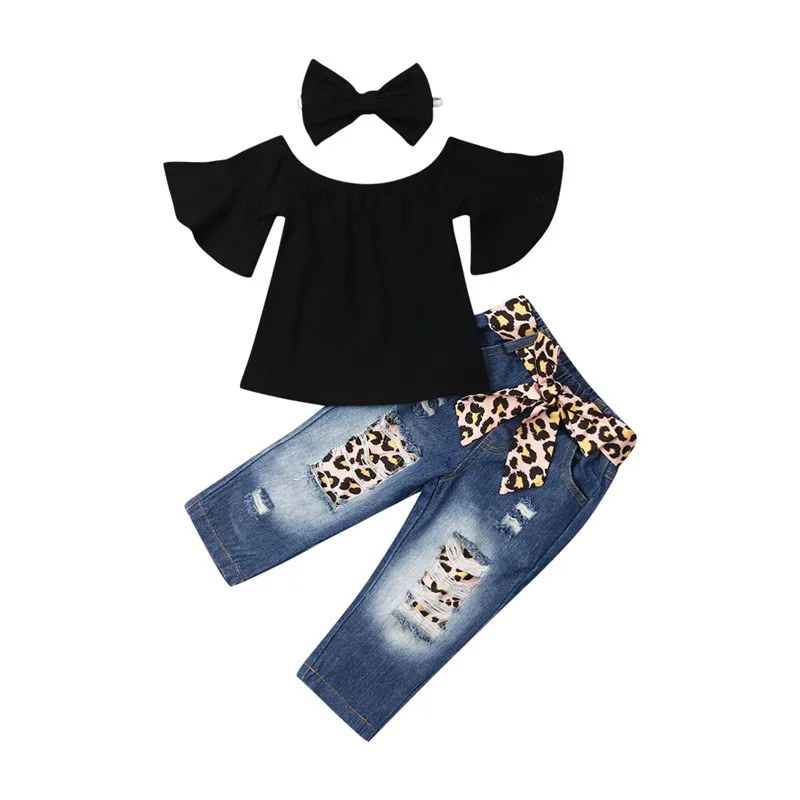 Toddler Kids Baby Girl Leopard Denim Outfit Black Off Shoulder Top Blouse Ripped Jeans Pants Headband 3PCS Clothes Set 1-6T 2019 | Детская